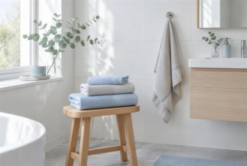 Helles Bad mit himmelblauen Handtüchern auf einem Holzhocker im Morgenlicht