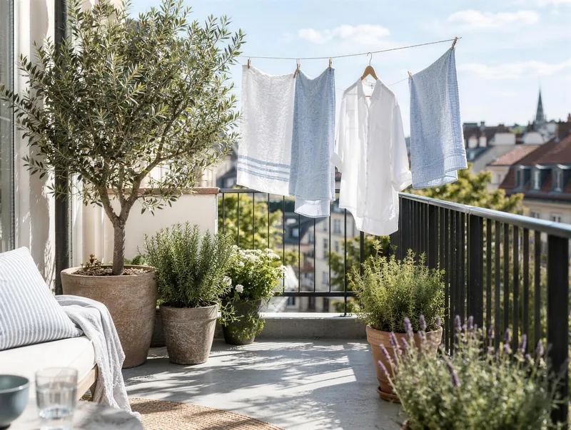 Sonniger Stadtbalkon mit Olivenbaum und frisch gewaschenem Leinen an der Leine