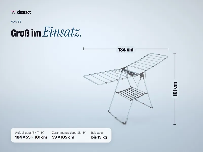 Maße des Clearact Wing in Fjordblau (Hellblau/Grau): aufgeklappt 184 × 59 × 101 cm, zusammengeklappt 59 × 105 cm