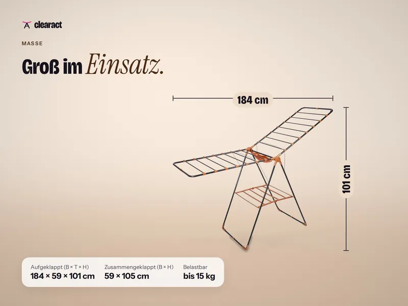 Maße des Clearact Wing in Kupfernacht (Schwarz/Kupfer): aufgeklappt 184 × 59 × 101 cm, zusammengeklappt 59 × 105 cm