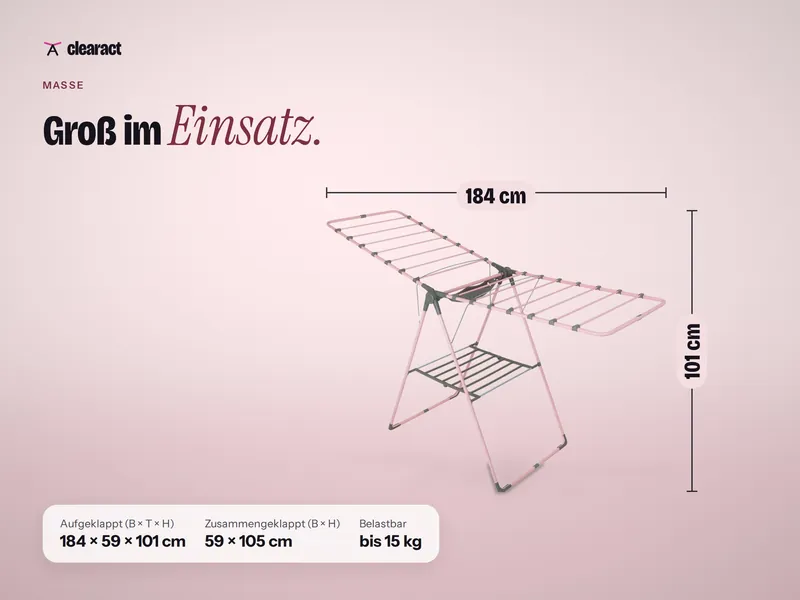 Maße des Clearact Wing in Rosenquarz (Rosé/Grau): aufgeklappt 184 × 59 × 101 cm, zusammengeklappt 59 × 105 cm