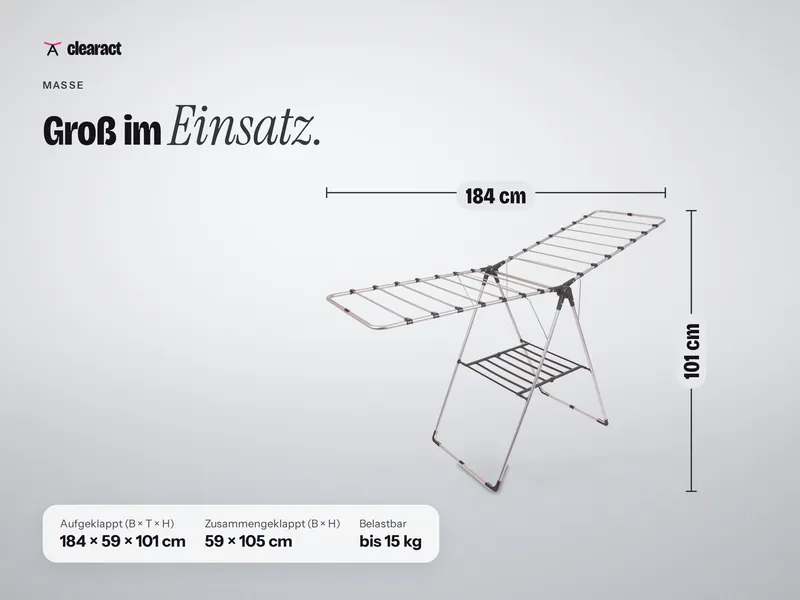 Maße des Clearact Wing in Mondsilber (Silber/Graphit): aufgeklappt 184 × 59 × 101 cm, zusammengeklappt 59 × 105 cm