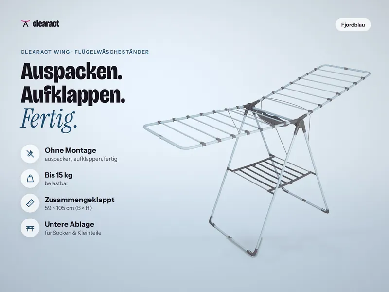 Clearact Wing in Fjordblau (Hellblau/Grau): ohne Montage, bis 15 kg belastbar, zusammengeklappt 59 × 105 cm, untere Ablage