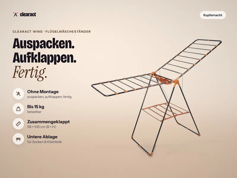 Clearact Wing in Kupfernacht (Schwarz/Kupfer): ohne Montage, bis 15 kg belastbar, zusammengeklappt 59 × 105 cm, untere Ablage