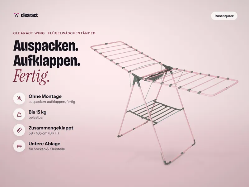 Clearact Wing in Rosenquarz (Rosé/Grau): ohne Montage, bis 15 kg belastbar, zusammengeklappt 59 × 105 cm, untere Ablage