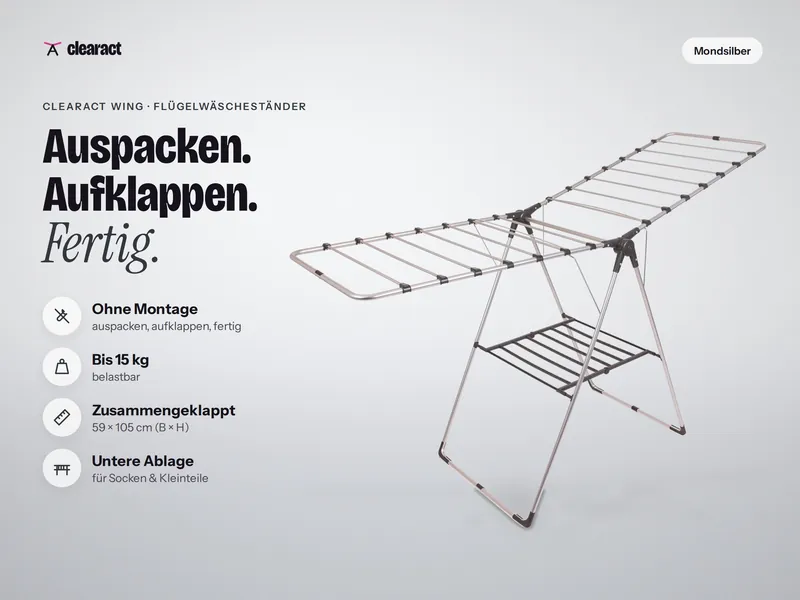Clearact Wing in Mondsilber (Silber/Graphit): ohne Montage, bis 15 kg belastbar, zusammengeklappt 59 × 105 cm, untere Ablage