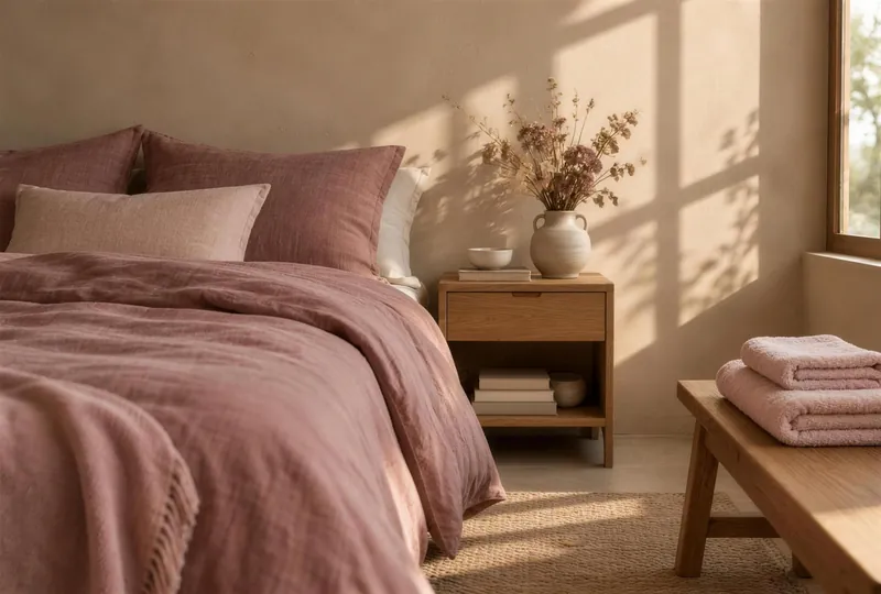 Schlafzimmer mit altrosa Leinenbettwäsche im warmen Nachmittagslicht