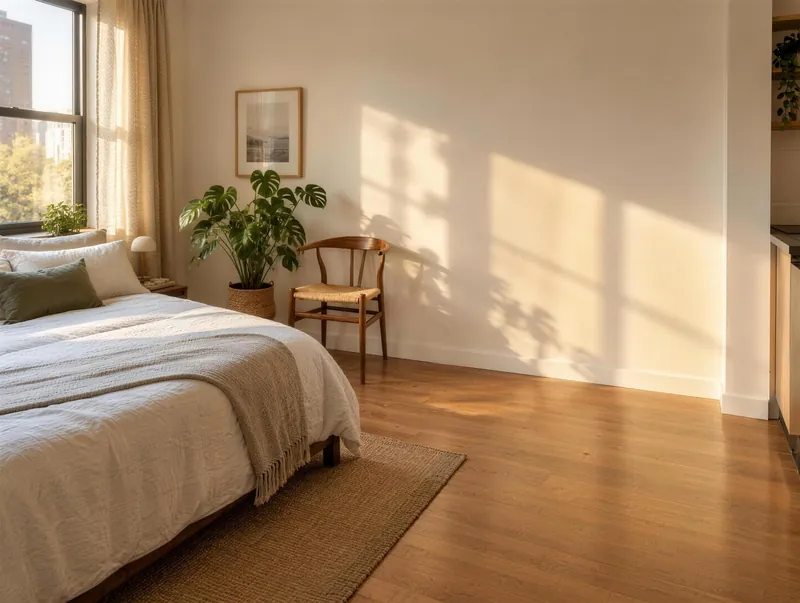 Kleines, helles Apartment mit Bett, Holzstuhl und freier Wandfläche